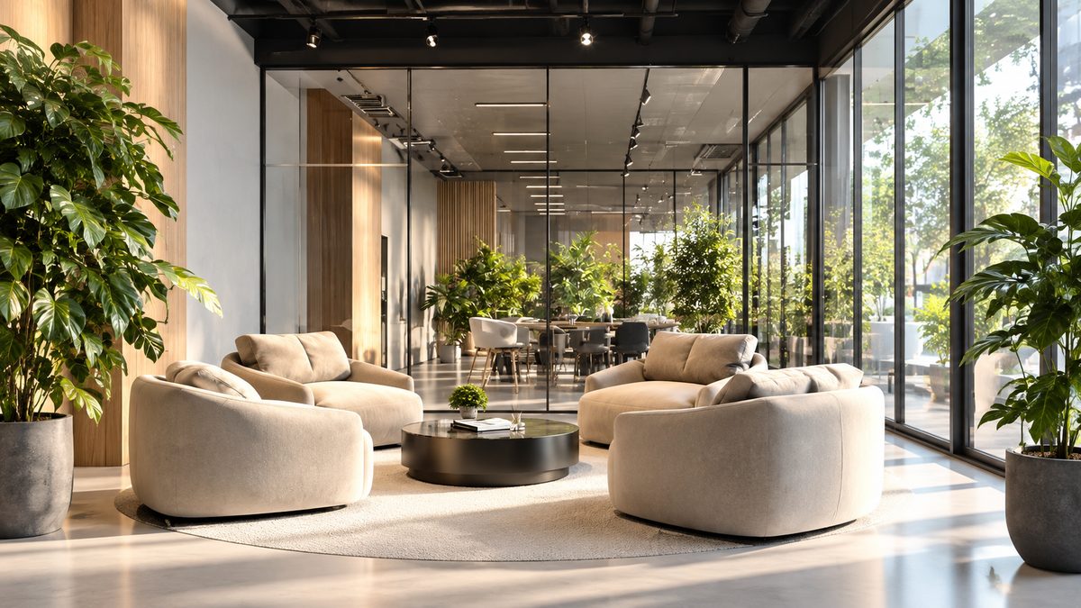 Ruang lounge modern dengan sofa dan dinding kaca di kantor Virtual Office BMB Space